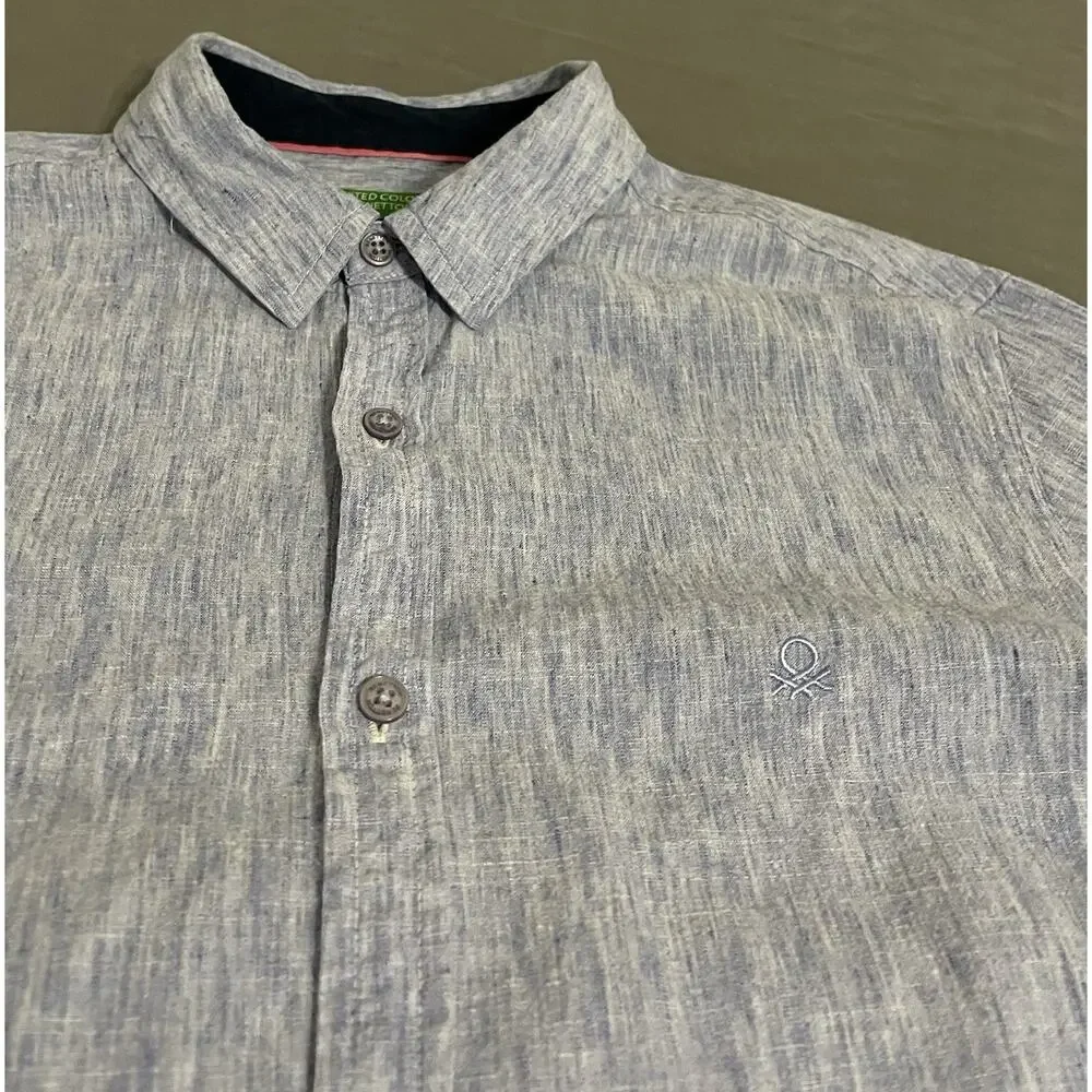 United Colors of Benetton Mens S Light Blue Lyocell Linen Cotton Button Up Shirt